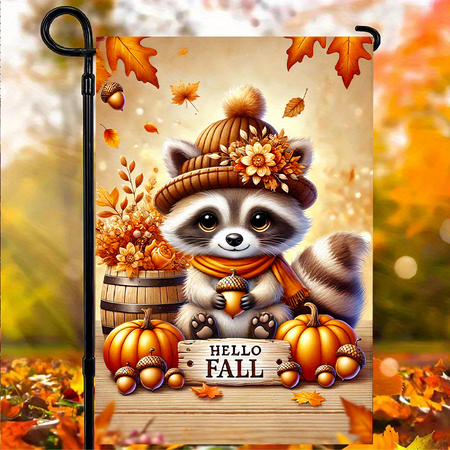 1 2D flat Autumn Garden flag yard, vertical double-sided garden decoration, raccoon and pumpkin garden flags, indoor and outdoor decoration for autumn Thanksgiving 12x18 inches