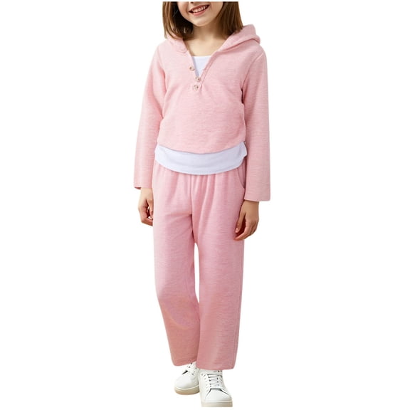 xaoyunyn Girls 2 Piece Tracksuits Outfits Casual Half Button Down Long Sleeve Hoodies Wide Leg Pants Set 3-8 Years