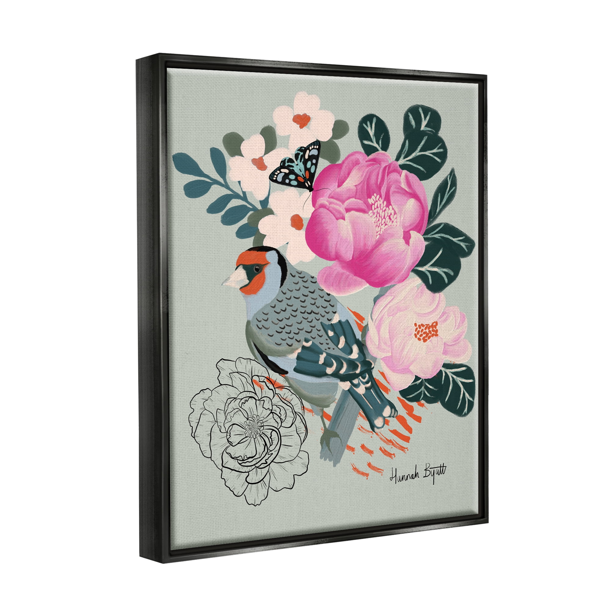 Stupell Industries Bird & Peonies on Green Animals & Insects Painting Black Floater Framed Art Print Wall Art, 17 x 21