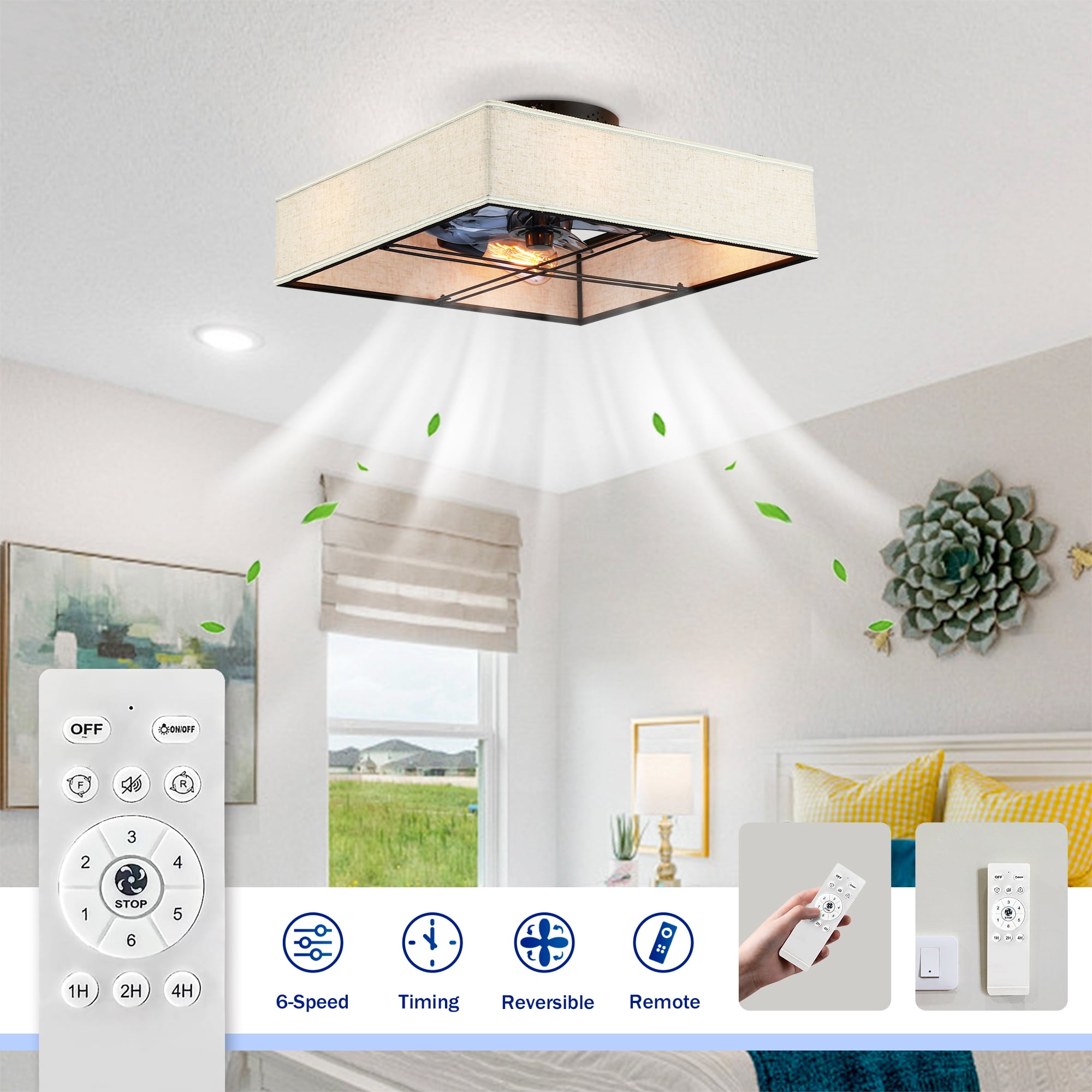 Leumius 16.6" Square Fabric Farmhouse Ceiling Fan with Light and Remote Control,Low Profile Modern Enclosed Ceiling Fans with Reversible Motor for Living Room,Bedroom,Kitchen (NOT Included Bulbs)