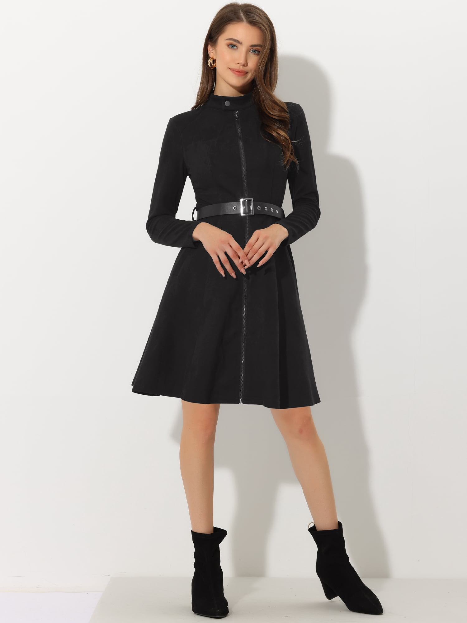 DARING DIVA Faux Suede Stand Collar Zip Up Belted Dress XL Black