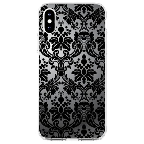 DistinctInk Clear Shockproof Hybrid Case for iPhone XS Max (6.5" Screen) - TPU Bumper, Acrylic Back, Tempered Glass Screen Protector - Silver Grey Black Damask - Floral Damask Pattern