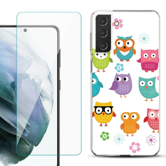 Slim-Fit TPU Fashion Phone Case for Samsung Galaxy S21 FE 5G Fan Edition, with Tempered Glass Screen Protector, by OneToughShield ® - Happy Owl