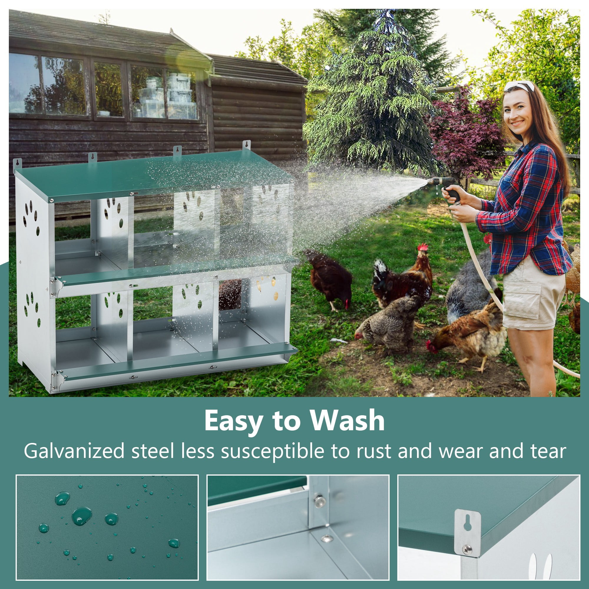 Leumius Nesting Boxes for Chickens,6-Hole Chicken Nesting Boxes Wall Mount,Large Vented Holes Chicken Coop Box for Outdoor Chicken Coop Farm Yard,Green