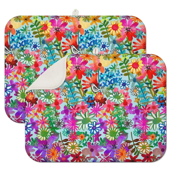 Floral and Bee Artwork Coffee Mat – Absorbent Microfiber Spill Mat with Vintage Botanical Design, Foldable Dish Drying Pad for Home Kitchens
