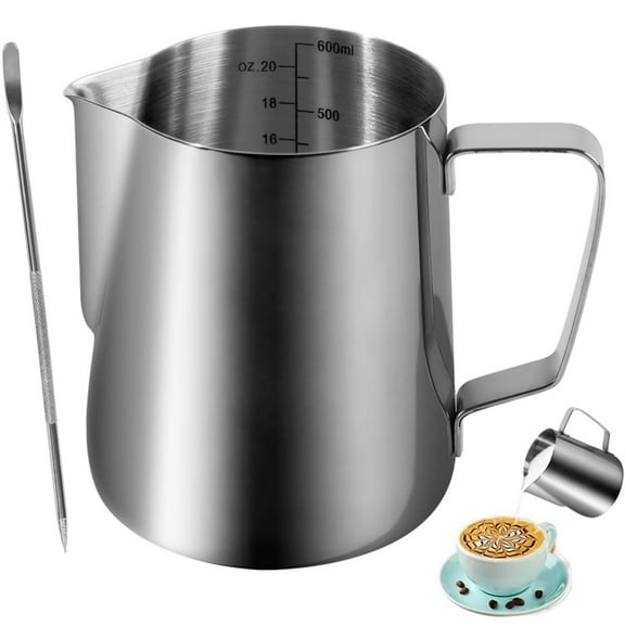1Pcs Stainless Steel Steaming Pitcher,Milk Frother Cup,Art Barista Steam Pitchers,Large Milk Jug with Clear Scale,Coffee Cappuccino Containers,with Latte Art Pen,for Bar Cafe 20oz