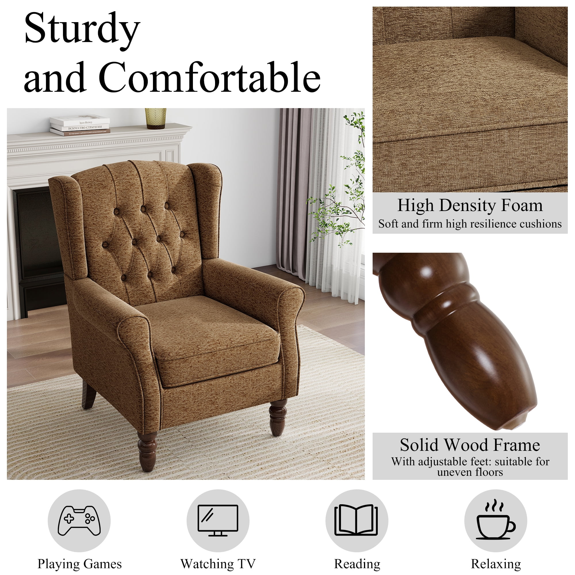 UIXE Wingback Chair Upholstered Armchair Retro High Back Accent Chairs for Living Room, Brown