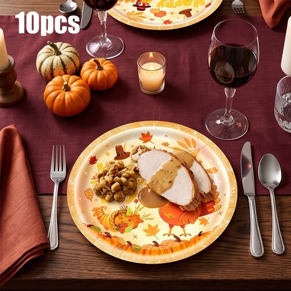 SDJMa 10 Pcs Happy Thanksgiving Paper Plates, 9" Gold Glitter Maple Leaves Pumpkin Turkey Disposable Dinner Plates for Autumn Harvest Party Supplies Decorations