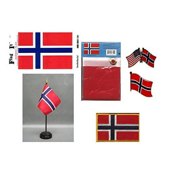 Norway Heritage Flag Pack - Includes a Norwegian 3x5' Flag, Vinyl Flag Decal, One Single & One Double Friendship Flag Lapel Pin, Miniature Desk Flag with Stand & One Iron-On Flag Patch