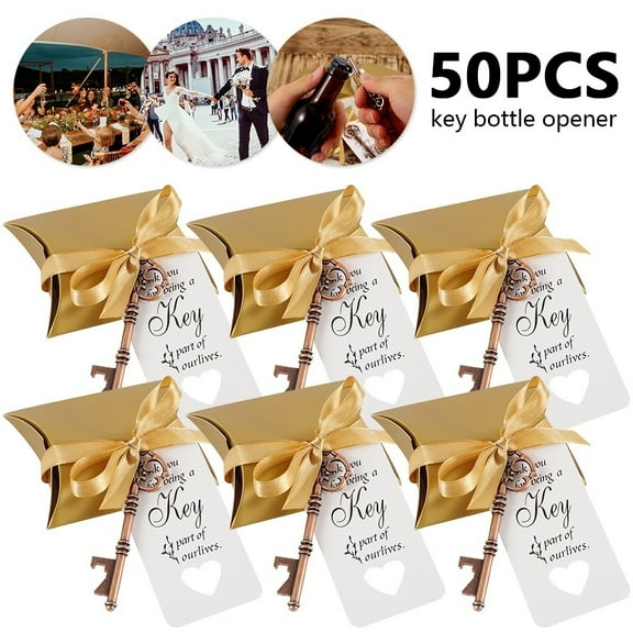 50pcs Wedding Party Favor Souvenir Gift Set Candy Box Retro Skeleton Key Bottle Openers Thank You Tag Silky Ribbon
