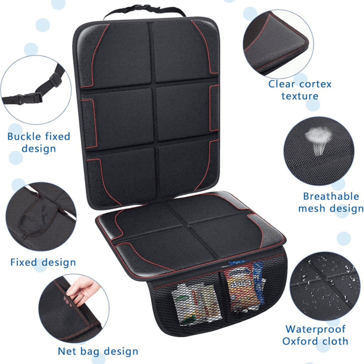 Car Seat Protector for Baby Car Seat - Thick Padding - Seat Protector Under Baby Car Seat with 2 Mesh Storage Pockets - Black Waterproof Baby Car Seat Protector - Non-Slip Padded Backing