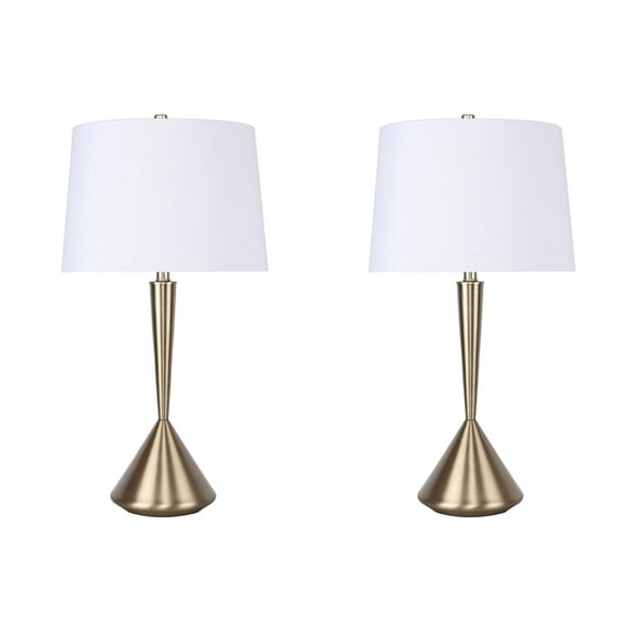 29" Gold Plated Table Lamp Set w/ Modern Angular Hourglass Body & Off-White Linen Shades (Set of 2)