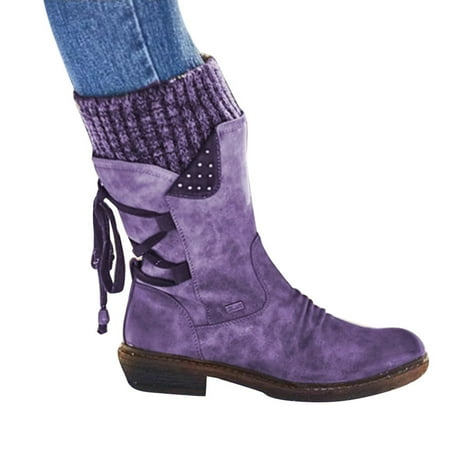 

Winter Warm Back Lace Up Boots Shoes Women Boots Christmas Daily Travel Shoes knitted wool Back Lace Up calf length women autumn spring winter women boots comfortable warm Purple 37