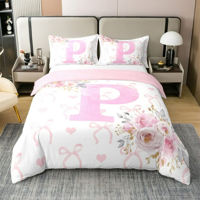 Erosebridal Housse de Couette en Coton 100 % Initiale A-Z Format Simple, Ensembles de Literie Lettre Initiale P Format Simple, Déco Rose Rose, Réversible 2 Pcs (Sans Couette)