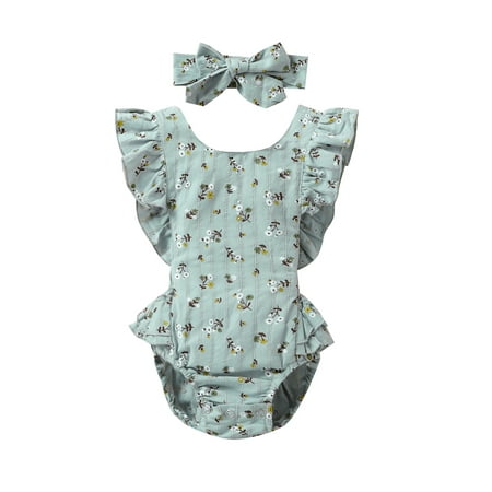 

jaweiw Baby Girls Summer Romper Flying Sleeve Round Neck Ruffle Floral Bodysuit + Headband