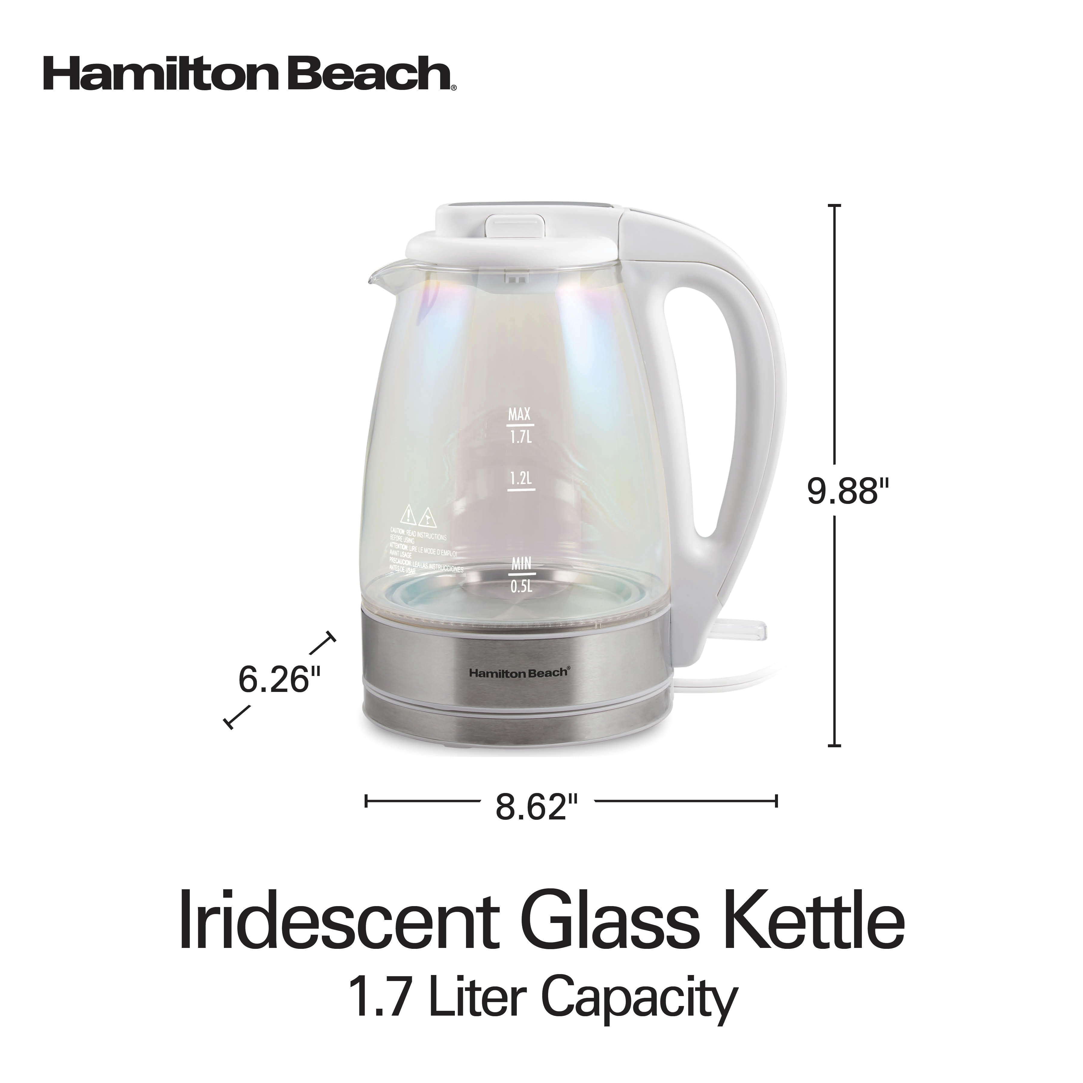 Hamilton Beach 1.7L Iridescent Glass Kettle, 1500 W, Electric Tea & Water Kettle with Auto Shut-Off and Boil-Dry Protection, White