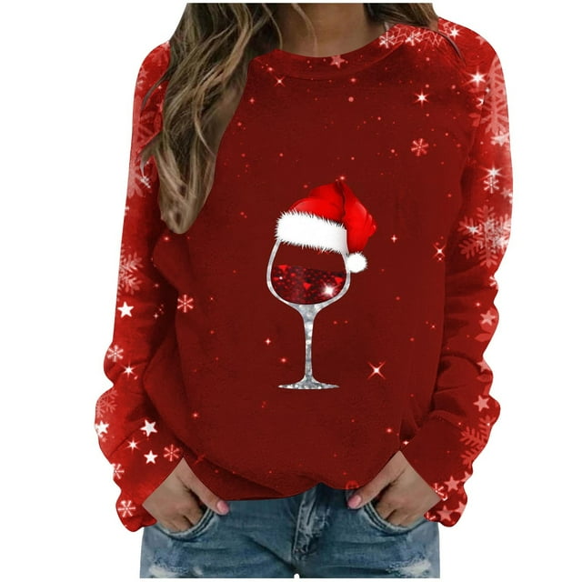 Blouses pour Femmes, Hauts de Noël pour Femmes, Mode Féminine de Noël Décontractée Imprimée Col Rond Manches Longues Chandail Blouse