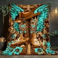 thumbnail image 2 of 1pc Western Cowboy Boots with Wings Design Throw Blanket - Brown Boots & Turquoise Floral Pattern - Soft Lightweight Flannel All-Season Blanket for Sofa, Bed, Camping, Travel - Cowboy Decor Accent -, 2 of 5