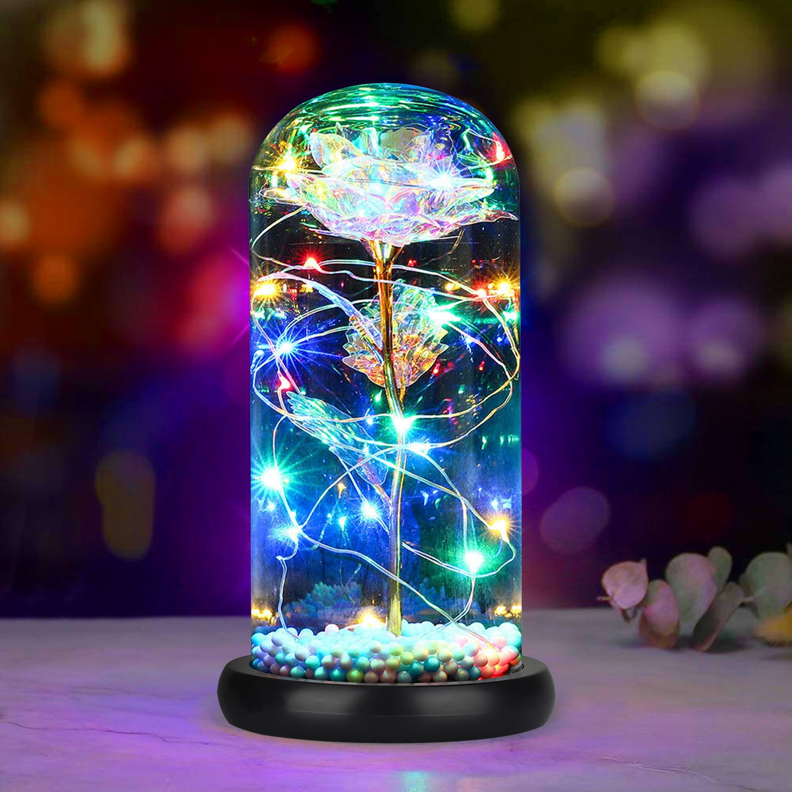 LED Galaxy Rose Flower With Fairy String Lights In Dome For Valentine's Day Gift 