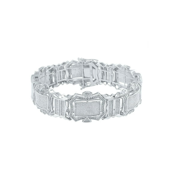 Sterling Silver Mens Round Diamond Rectangle Link Bracelet 3-1/5 Cttw