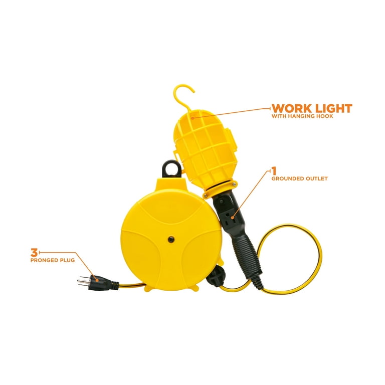 Designers Edge E216 20' Yellow Retractable Cord Reel with Handheld Work  Lights 