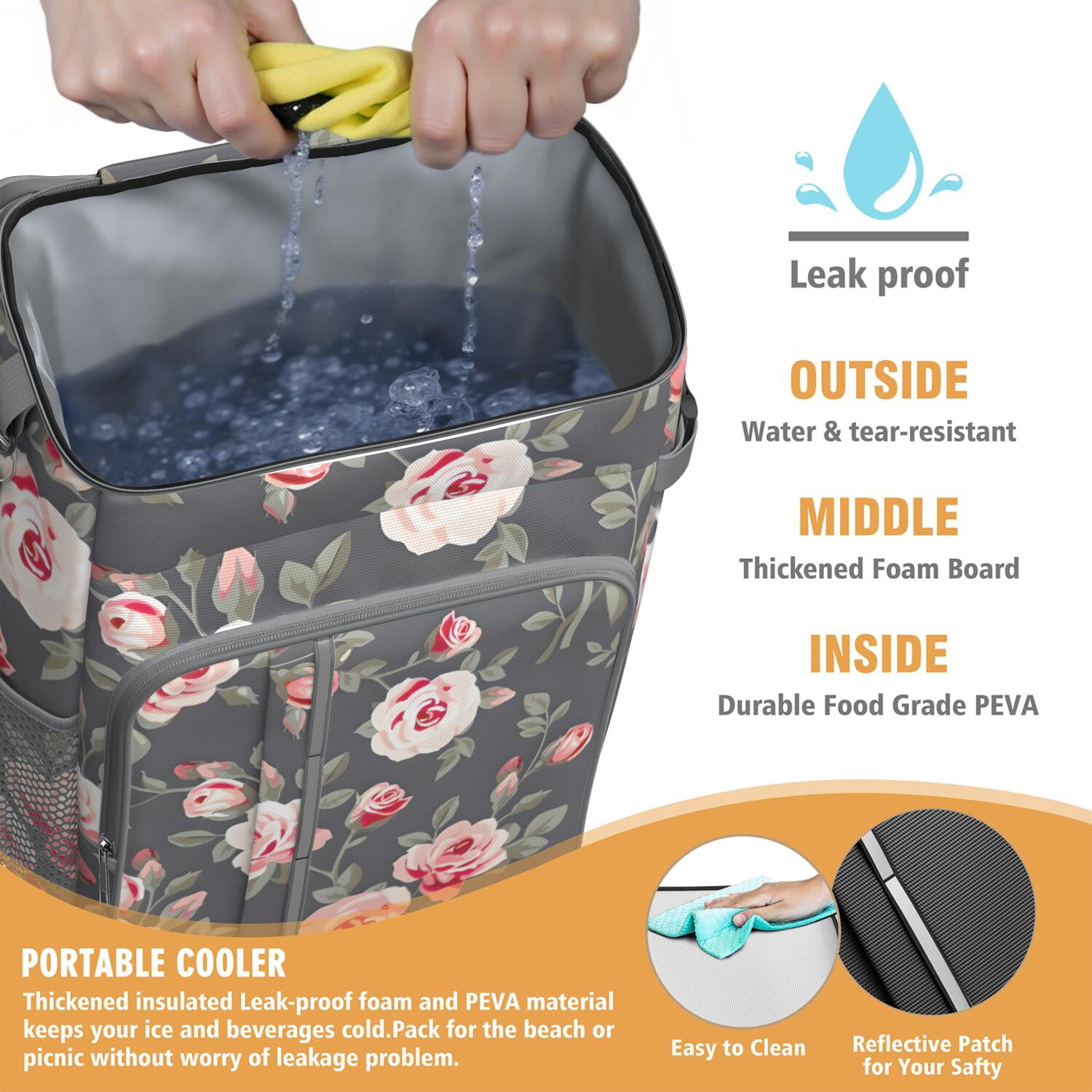 Travel Cooler Bag - Pioneer Flower Floral Print Pattern Camping Beer Cooler Backpack with Bottle Opener- Waterproof Insulated Picnic Backpacks - Cooler Bag for Beach