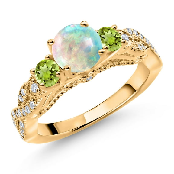 Gem Stone King 18K Yellow Gold Plated Silver White Simulated Opal Green Peridot and White Moissanite Engagement Ring for Women (0.81 Ct, Gemstone October Birthstone, Round 6MM and 3MM, Size 6)