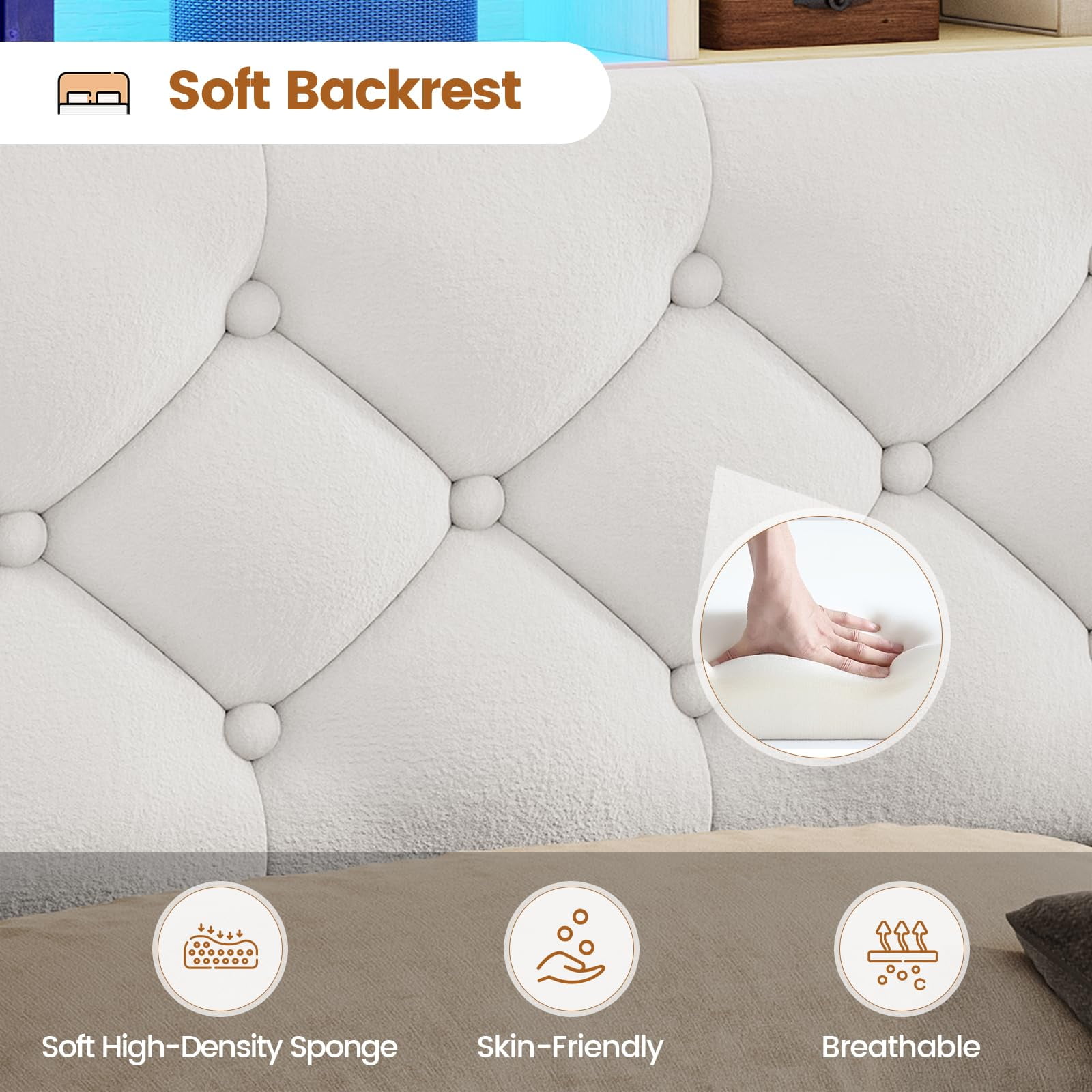 Full Size Bed Frame with Bookcase Headboard & 4 Storage Drawers,LED Bed Frame with Charging Station-Power Outlet, Modern Velvet Upholstered Platform Bed,No Box Spring Needed, Creamy White