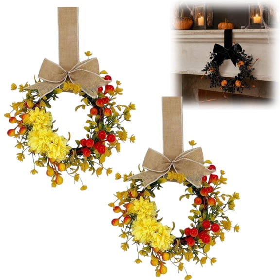 2 Pack 9" Mini Eucalyptuss Wreath Artificial Spring Wreath for Front Door, Farmhouse Kitchen Cabinet with Ribbon Bows for Porch Wall Window Decor,Gifts for Autumn Halloween