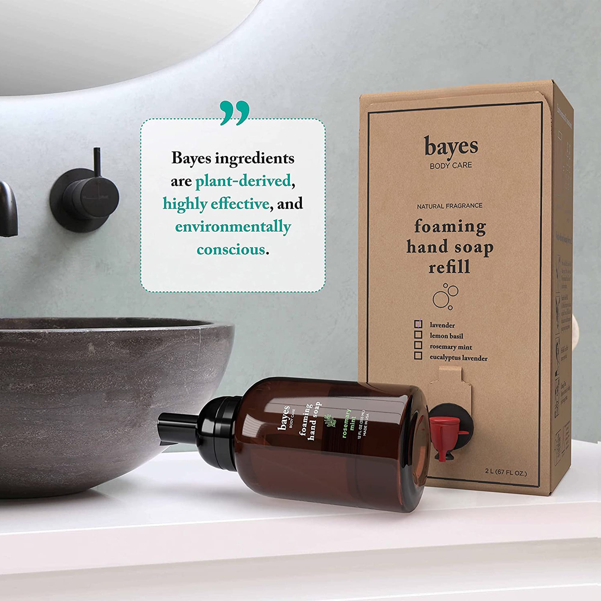 Bayes Foaming Hand Soap Moisturizing Plant-Derived Essential Oil Infused Hand Wash with Eucalyptus Lavender Scent, 12 Oz 3 Pack