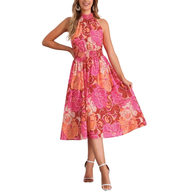 Vestido de verano bohemio Inspire Chic para mujer, sin mangas, con cuello halter, vestido midi casual con estampado floral en color rojo rosa