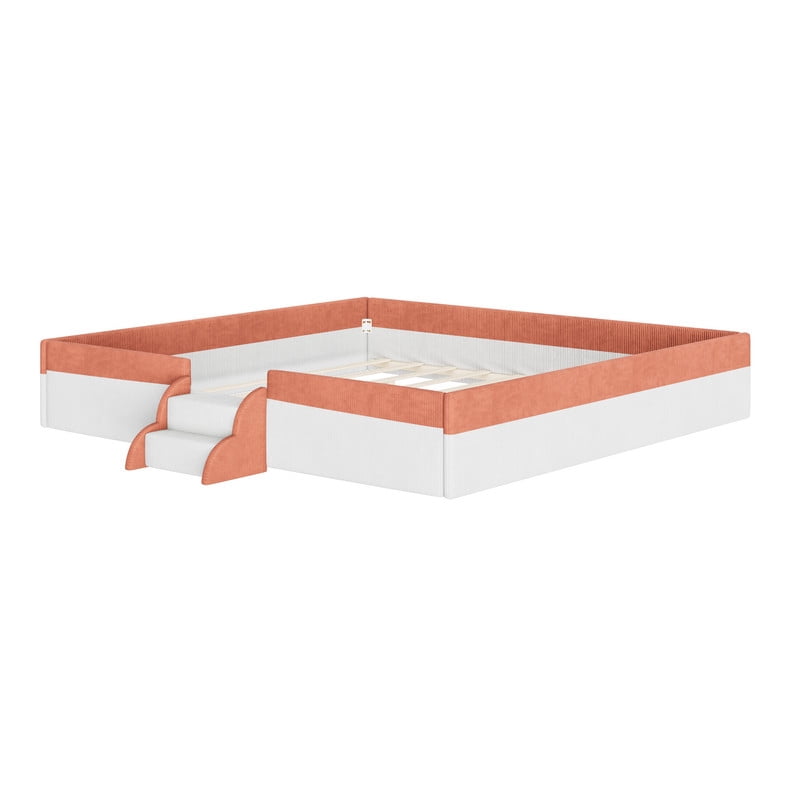 King Size Upholstered Floor Bed with Fence, 2-Tier Steps and Smart LED Lights, Corduroy Platform Bed Frame with Guardrails, Low Profile Montessori Bed for Boys Girls