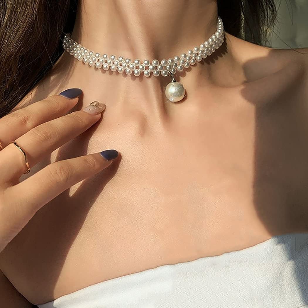 Boho Pearl Choker Necklace - Silver Crystal Pendant, Adjustable 18-20 Inch, Seed Bead Jewelry For Women