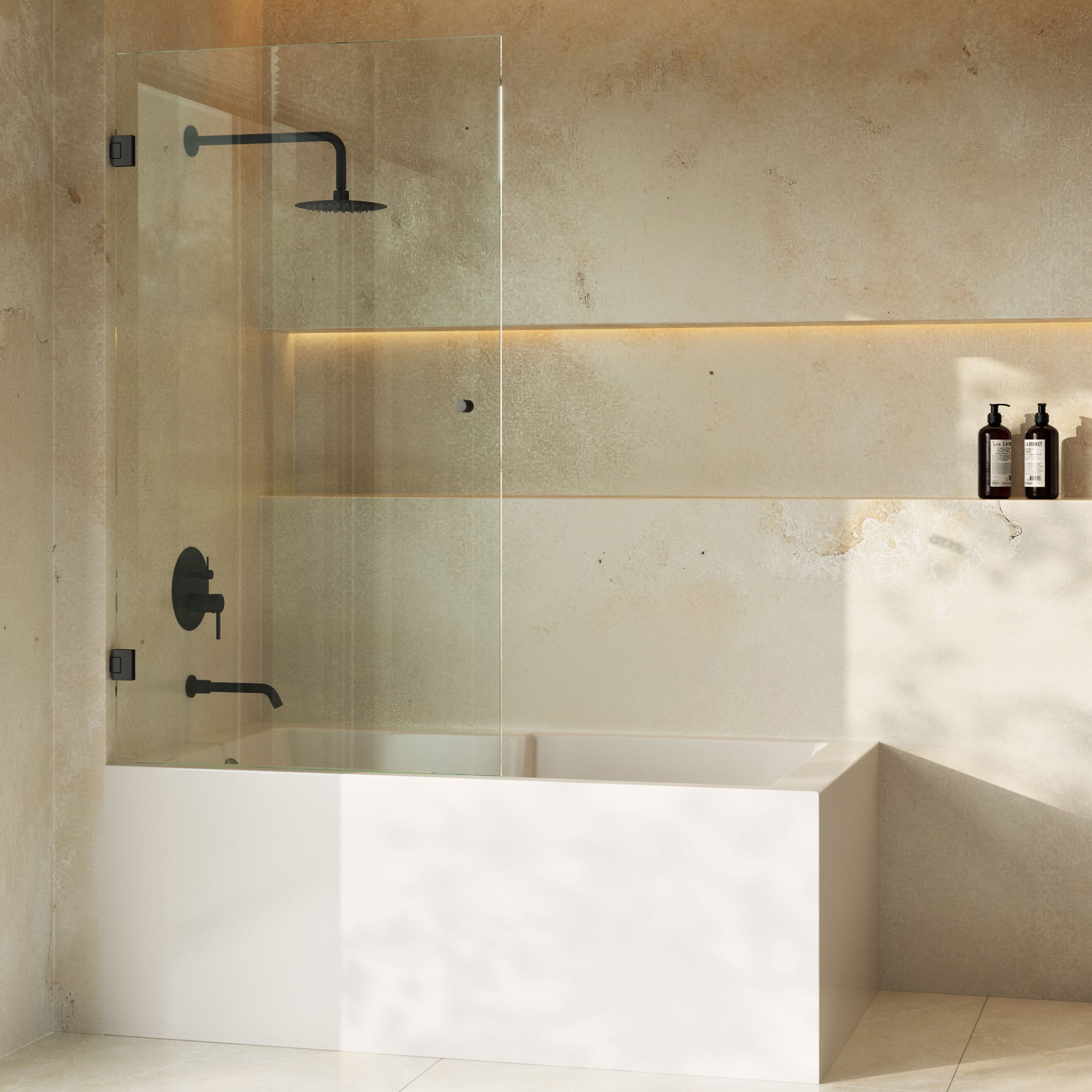Voltaire 24 x 58 Frameless Pivot 3/8 in. (10mm) Ultra Clear Tempered Glass Tub Door with Black Matte Hardware