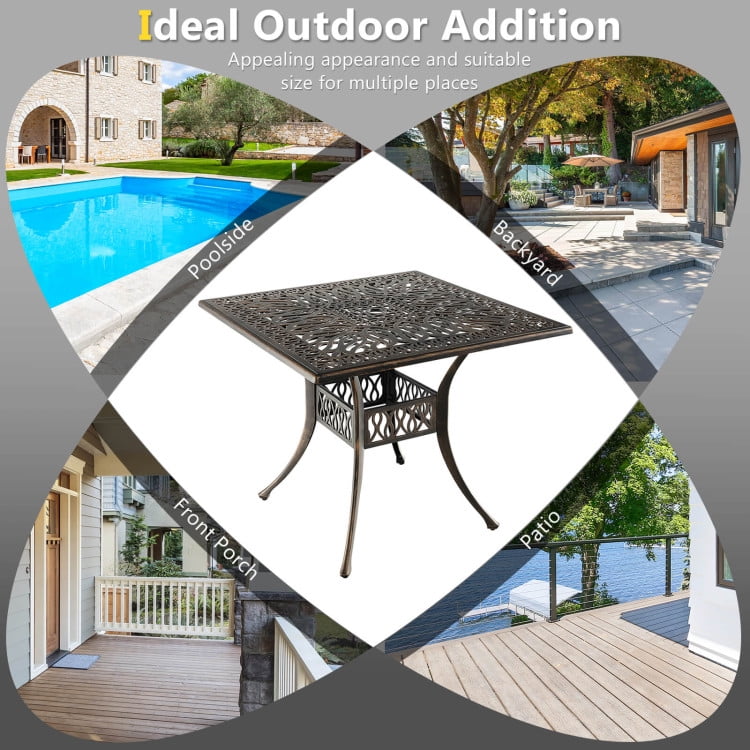 Aimee Lii 35.4" Aluminum Patio Square Dining Table with Umbrella Hole, Outdoor Patio Furniture, Bronze Aimee Lii 35.4" Aluminum Patio Square Dining Table with Umbrella Hole, Outdoor Patio Furniture, Bronze