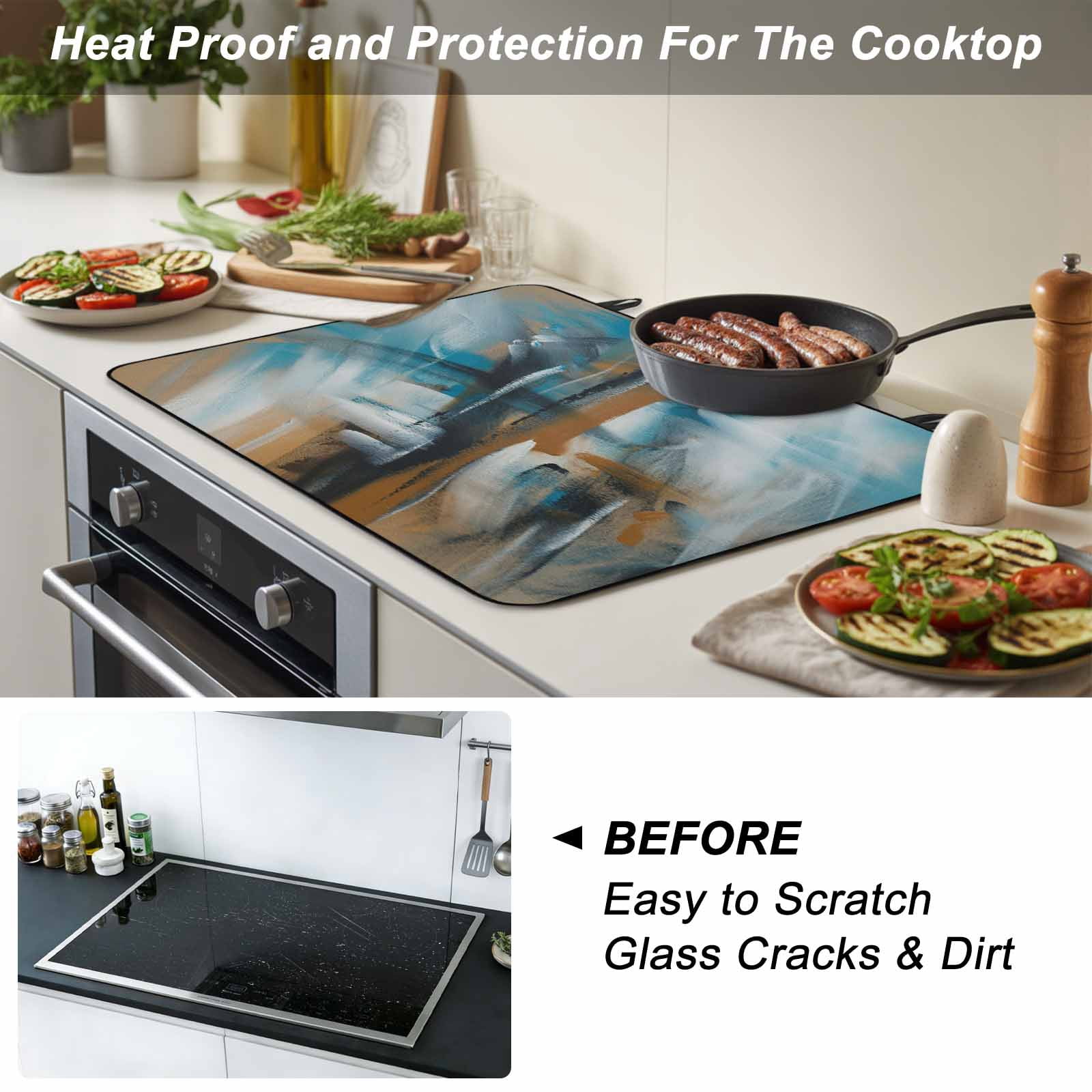 Turquoise Ombre Stove Top Cover for Electric Stove, Heat-proof & Non Slip Glass Top Stove Cover Protector, Brown Abstract Modern Gradient Retro Art Kitchen Flat Cooktop Rubber Mat 24x21 Inches