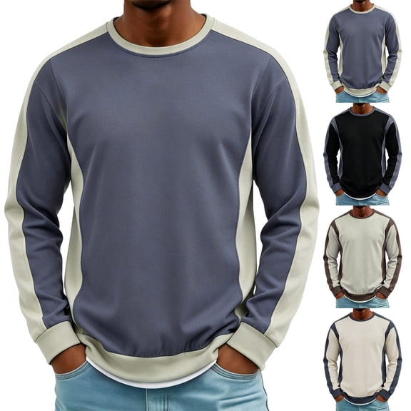 Fengqque Men's Long Sleeve Round Neck Tee Shirts Color Block Pullover Casual Loose Basic T-Shirts Green XL