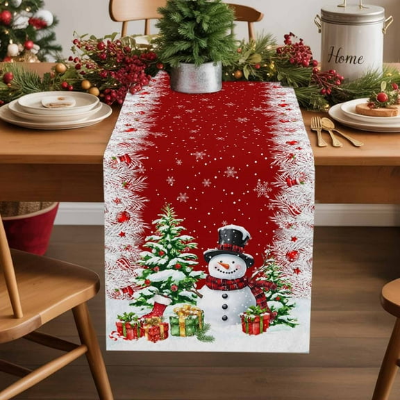 Red Christmas Cotton Linen Small Table Runner 13 x 60 inch Xmas Snowman Tree Snowflake Balls Non-slip Rectangular Dining Table Decor for Wedding Party Holiday Dinner