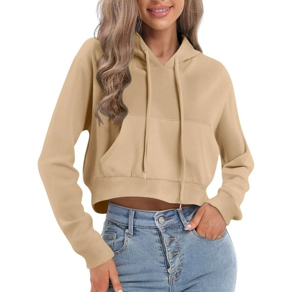 APEXFWDT Women's Cropped Hoodie Jacket Stylish Long Sleeve Athletic Pullover Sweatshirt with Pockets Casual Outerwear,M,Khaki