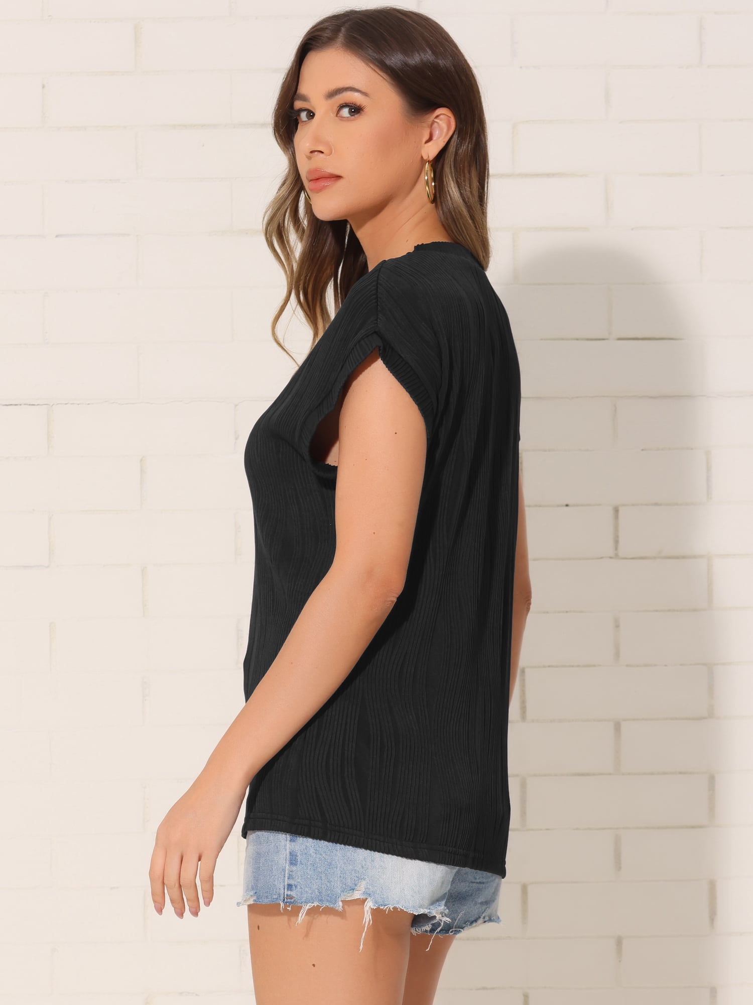 DARING DIVA Women's Short Sleeve Crew Neck Textured Casual Basic Tee Shirts S Black
