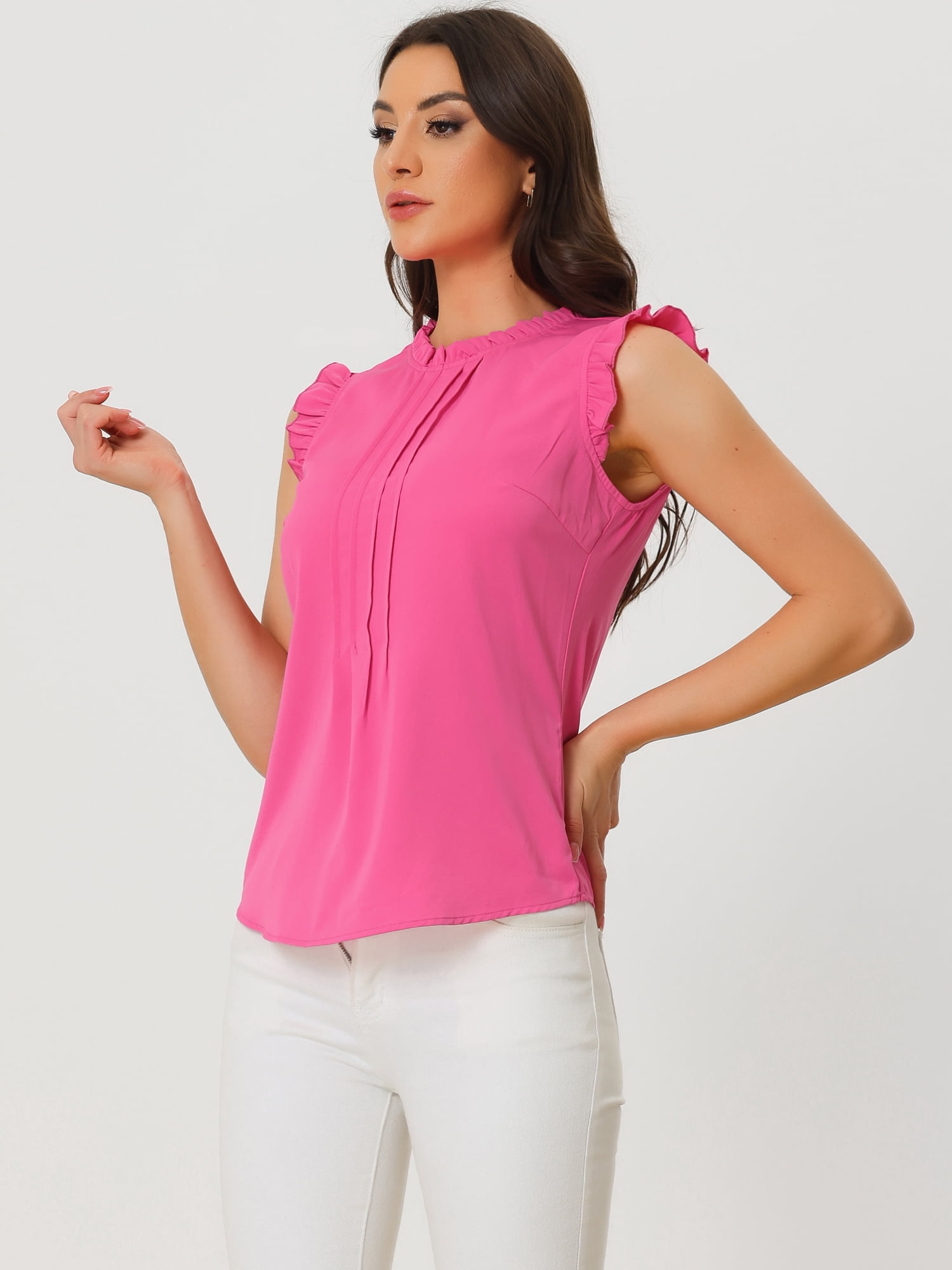 DARING DIVA Women's Ruffled Trim Pleated Plain Blouse Top M Neon Pink