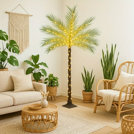 6ft Artificial Phoenix Palm Tree with 220 LED String Lights, Realistic Fake Tree for Home Office Party Living Room, Vibrant Green Leaves & Twine Hanging Design, Artificial Palm Tree, Office Decor