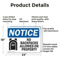 thumbnail image 2 of (2 Pack) No Backpacks Allowed On Property OSHA Notice Sign 24 Inch X 18 Inch Indoor / Outdoor Rust-Free Aluminum Metal Signs for Workplace, Workshop, and Construction Site, Made in the, 2 of 8