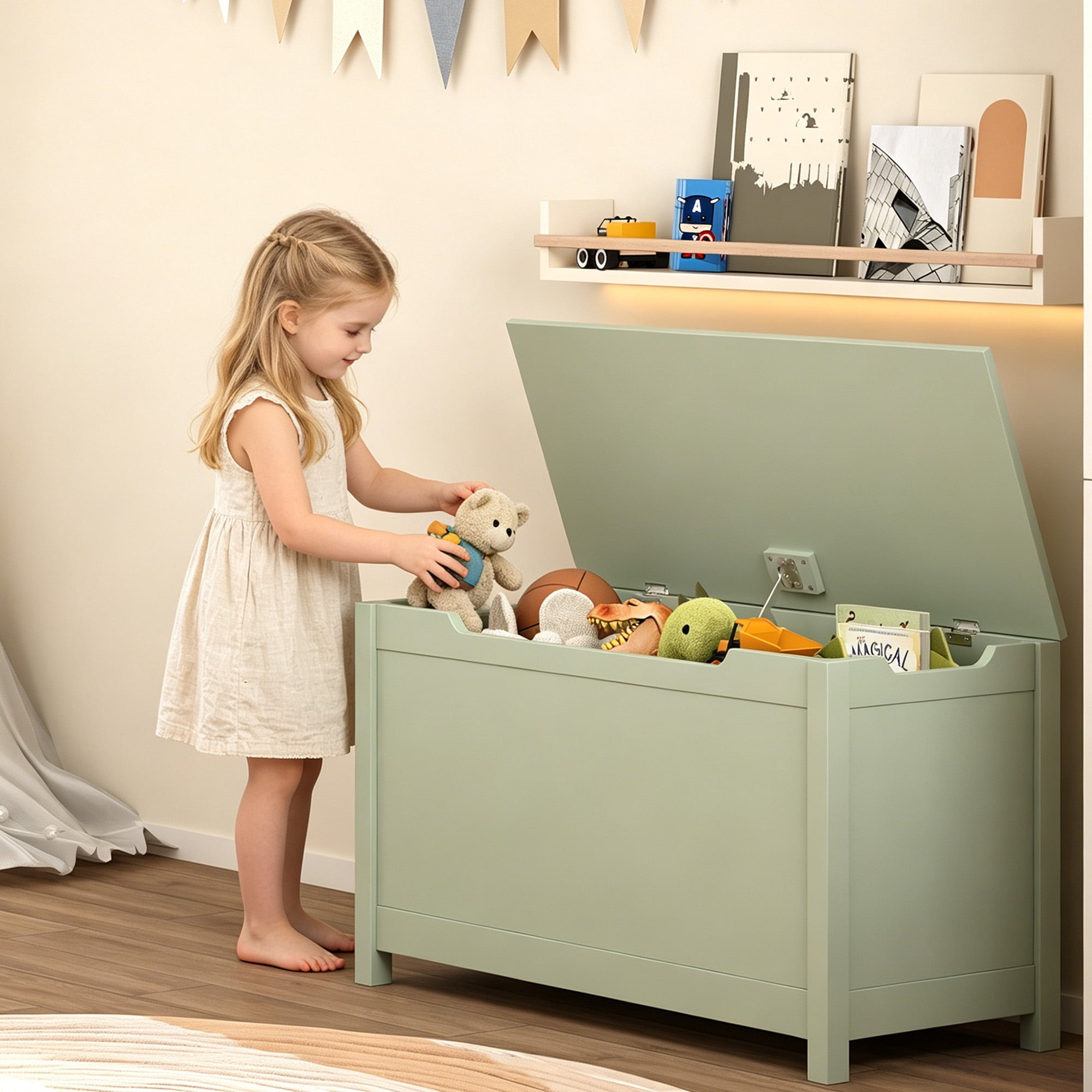 Kids Wooden Toy Storage Box with Safety Hinged Lid, MDF Toy Chest for Ages 2+, Large 2.7 Cubic Feet Storage Space, Easy Assembly