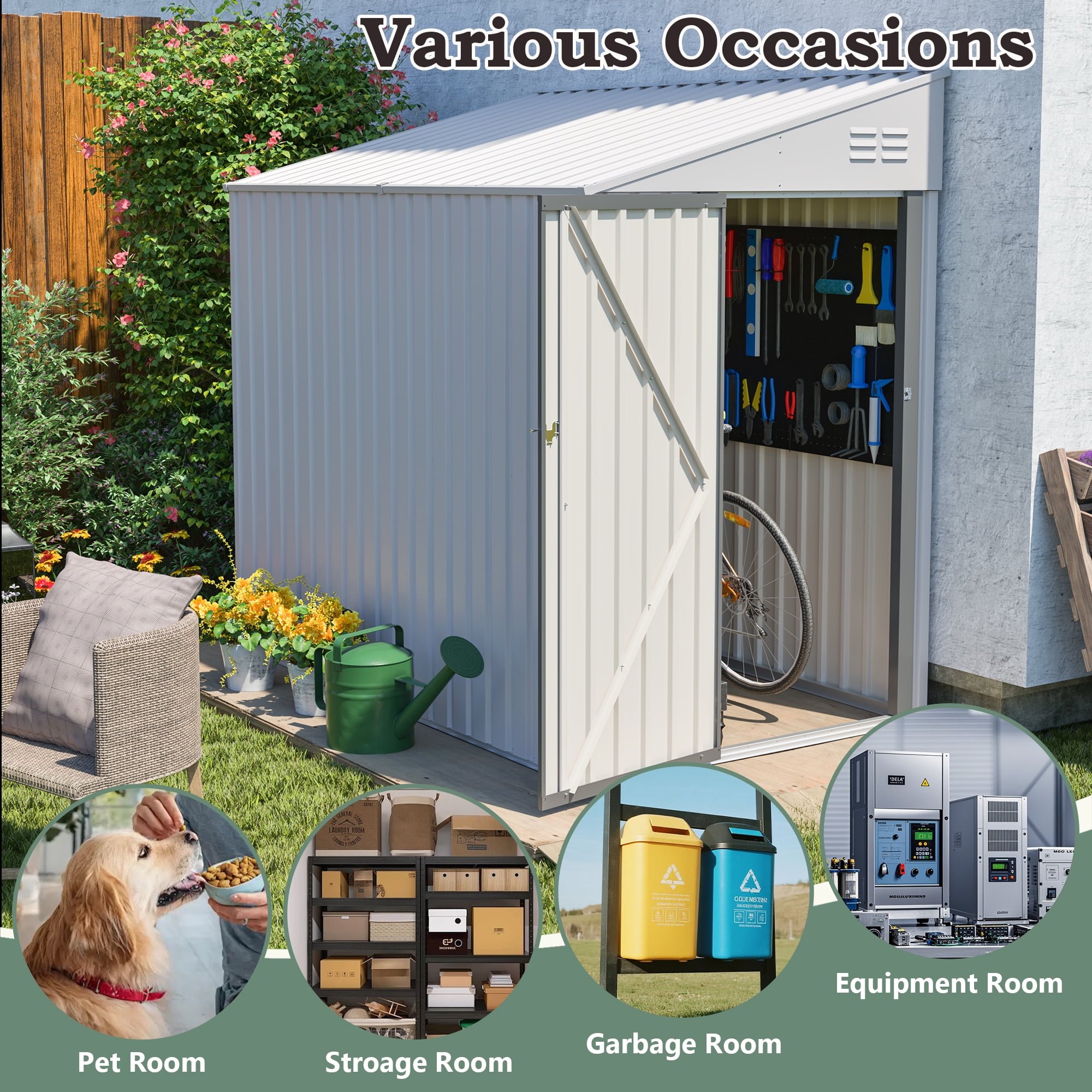 LZBEITEM 7 x 4 ft Outdoor Metal Storage Shed Lean to, Small Metal Wall Side Door Sheds & Garden Tool Shed for Garden, Backyard, White