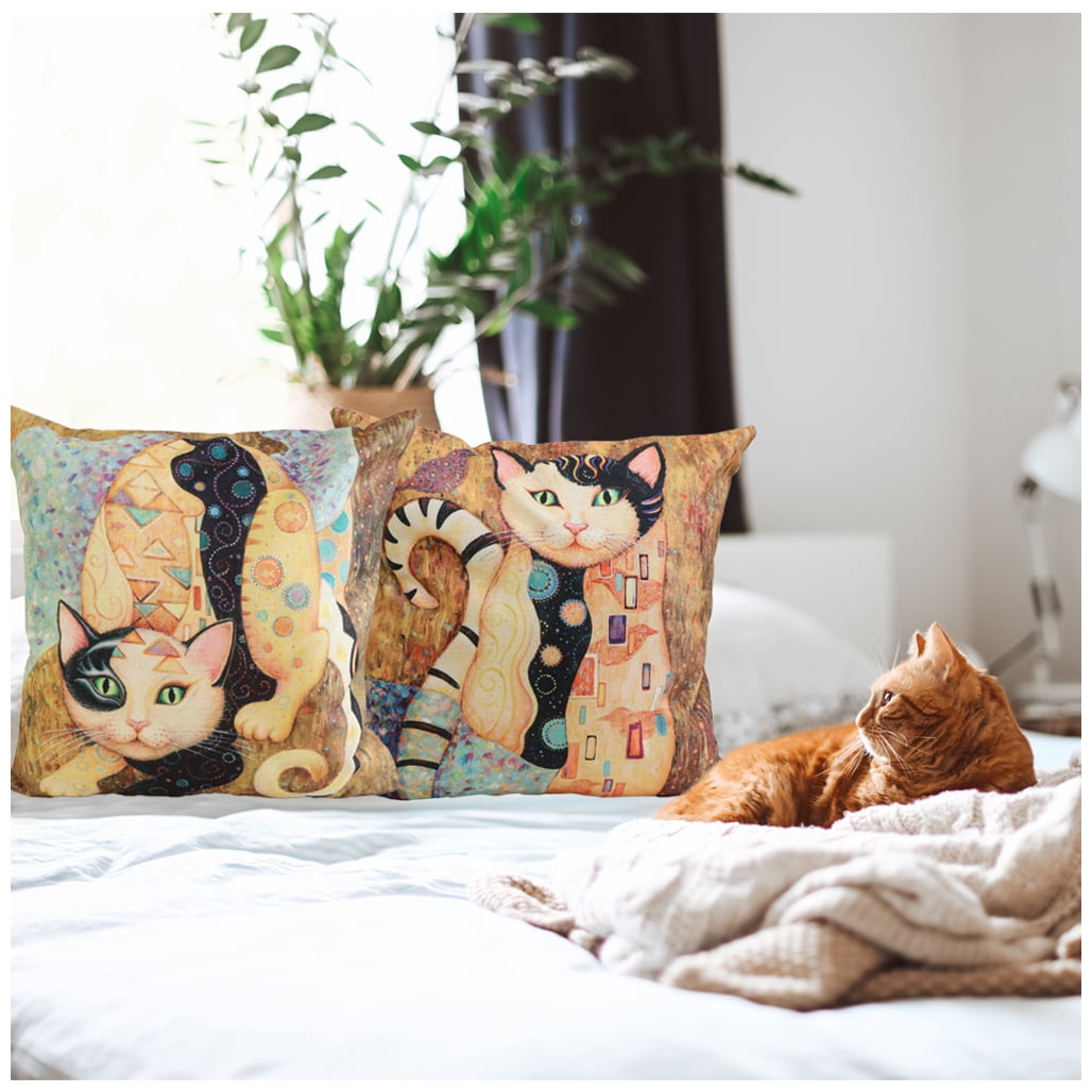NYDECOR Abstract Cat Pillow Covers 18x18 Set of 4 Pet Throw Pillow Cases Animal Kitty Pillowcase Square Cotton Linen Cushion Cover for Couch Sofa Bed Patio Cat Gifts