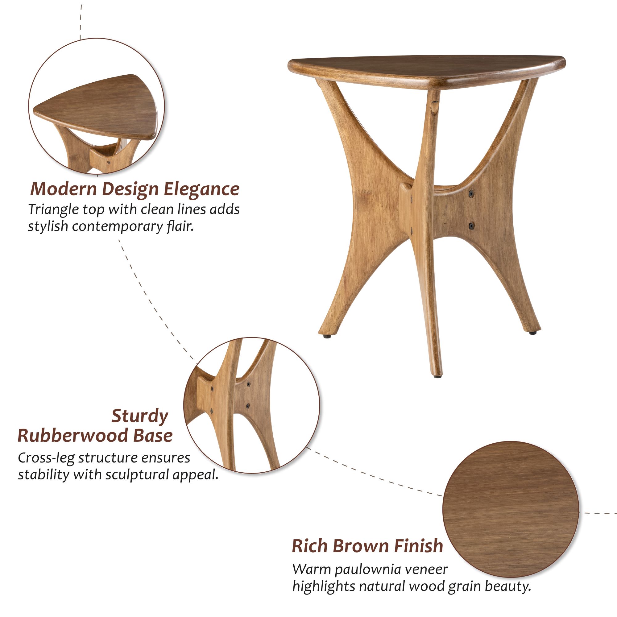 COZAYH Modern Triangle Wood End Table with Cross-Leg Rubberwood Base, Mid-Century Small Accent Side Table for Living Room, Easy Assembly, Natural, Brown