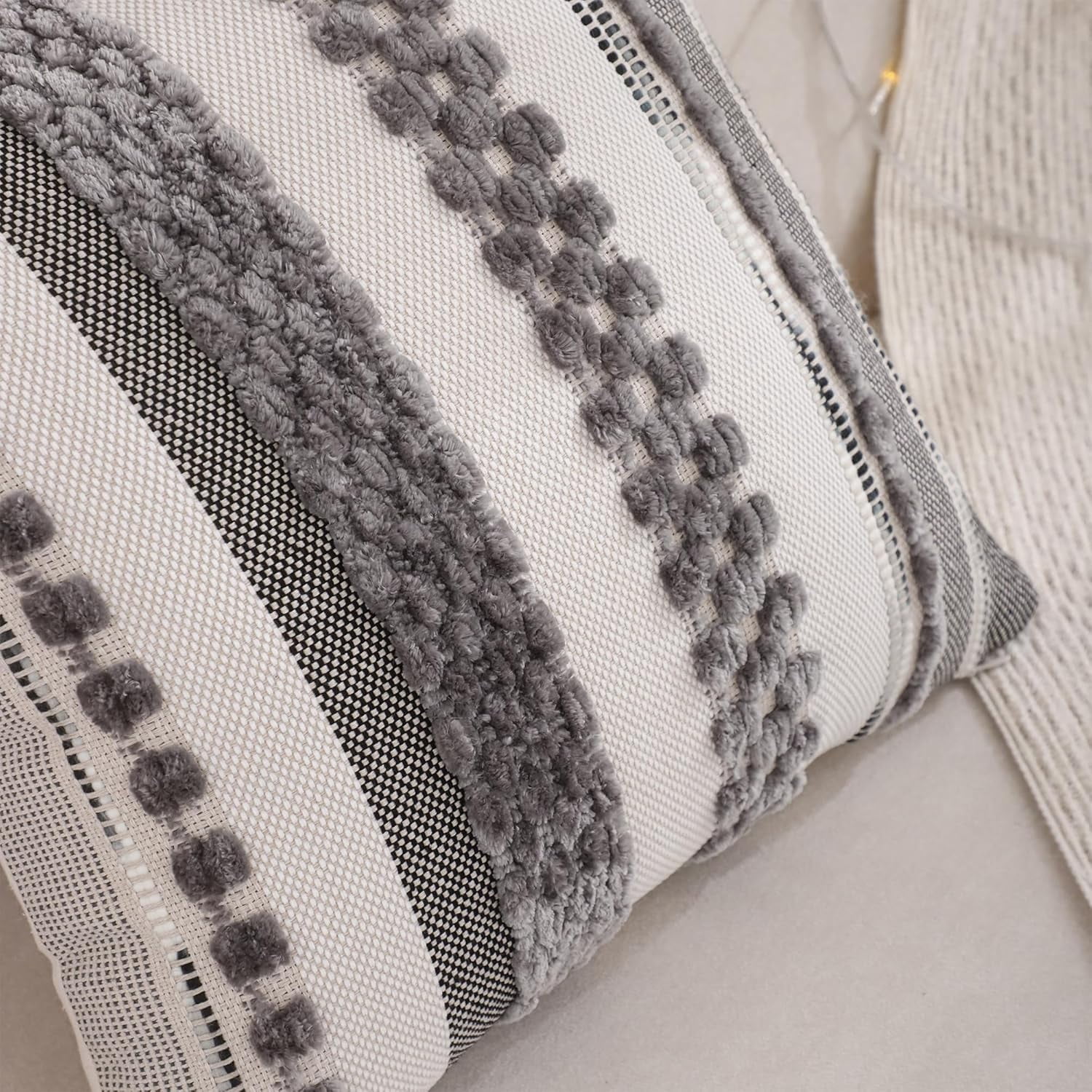 Tosleo Boho Throw Pillow Covers 18x18 Set of 2 Striped Decorative Pillow Cases Accent Chenille Pillowcases Farmhouse Cushion Case Bohemian Nuetral Textured Pillow Cover,Gray