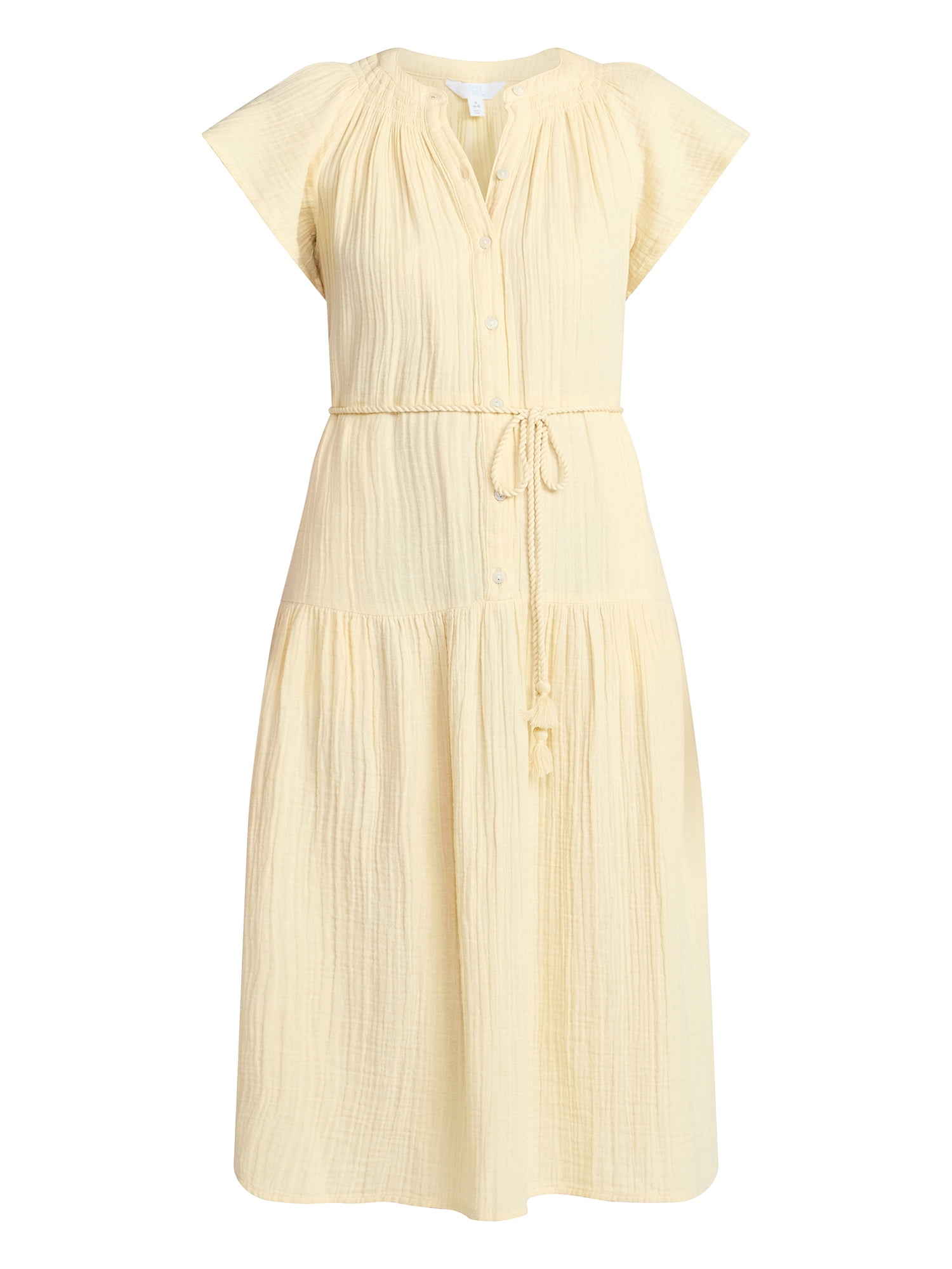 Time and Tru Women's Cotton Double Cloth Midi Dress with Short Flutter Sleeves, Sizes XS-XXXL