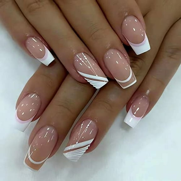 French Tip Press on Nails Medium Square Fake Nails Sweet White Nail Tips Designs Full Cover Square Shape False Nails Nude Acrylic Glue on Nails Medium Length for Women Girls, 24PCS